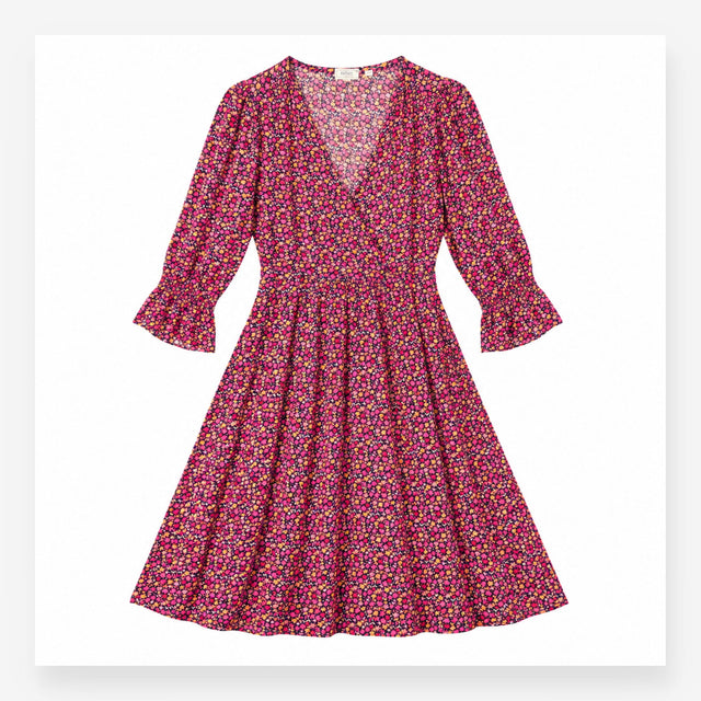 Midi Dress Dark Floral Print Pink Orange Long Slee