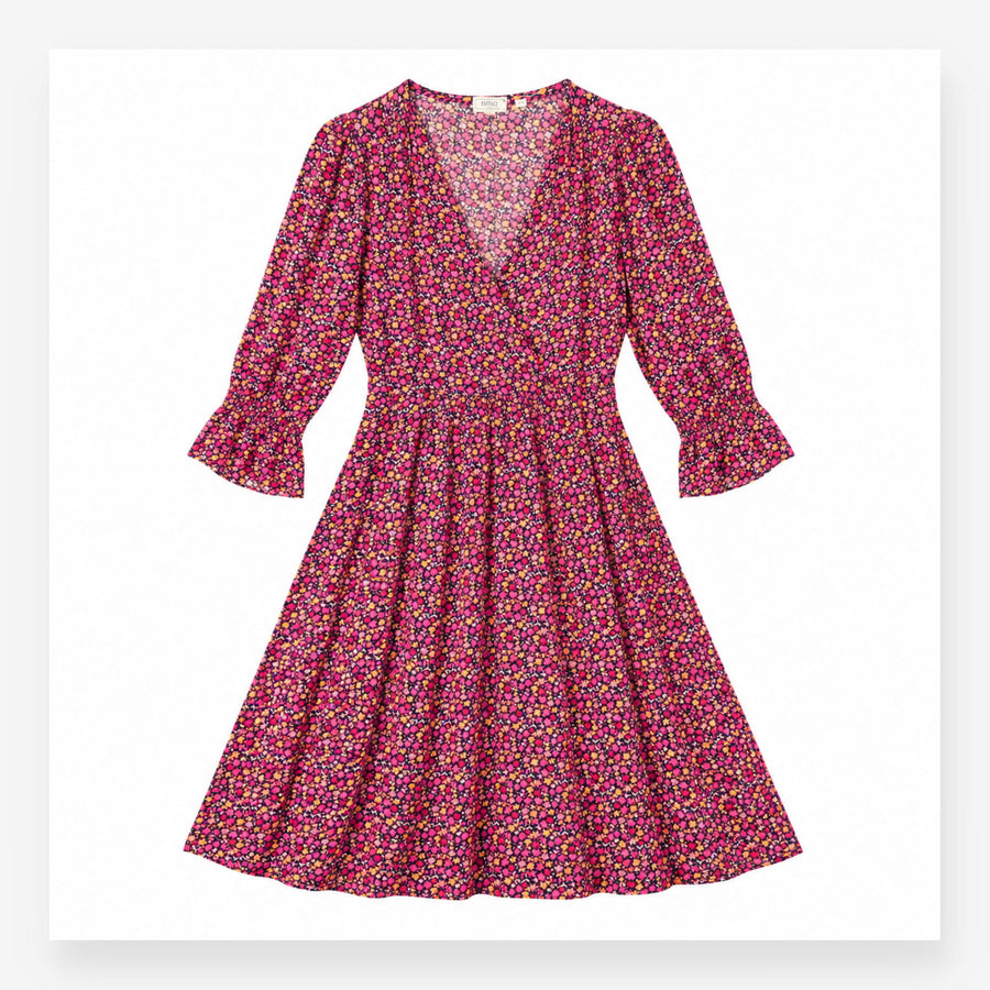 Midi Dress Dark Floral Print Pink Orange Long Slee