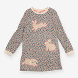 Dress Long Sleeve Blue and Red Floral Bunny Appliq