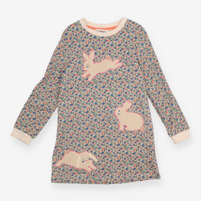 Dress Long Sleeve Blue and Red Floral Bunny Appliq