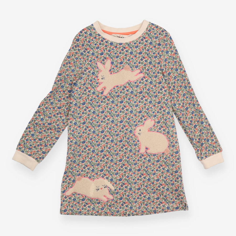 Dress Long Sleeve Blue and Red Floral Bunny Appliq