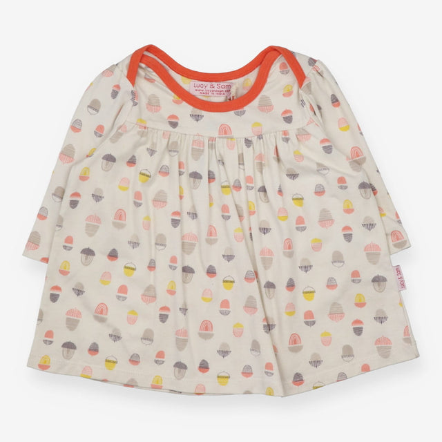 Dress Cream Long Sleeve Acorn Print with Orange Tr