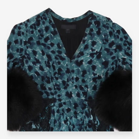 Prorsum Teal Printed Fur Trimmed Dress