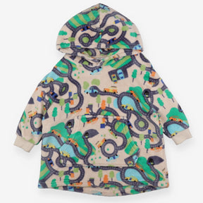 Brown fleece hoodie with road and car print