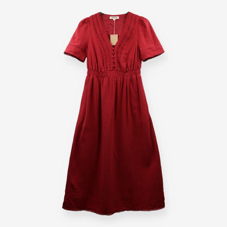 Bobble Trim Double Cloth Midi Dress Red Cotton UK1