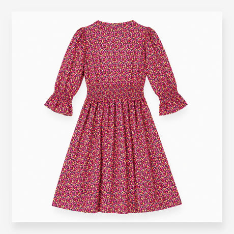 Midi Dress Dark Floral Print Pink Orange Long Slee