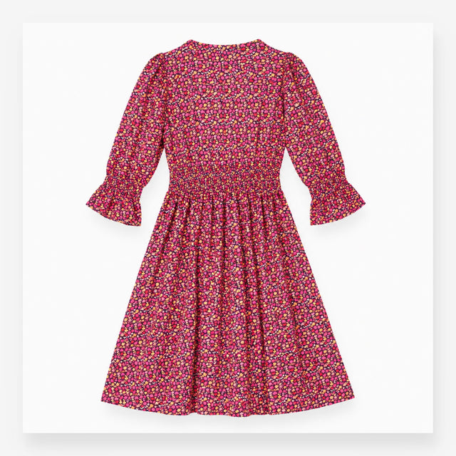 Midi Dress Dark Floral Print Pink Orange Long Slee