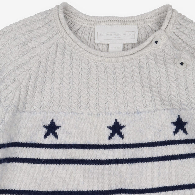 Romper knit white blue stripes and stars
