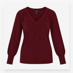 V Neck Metallic Shimmer Knit Jumper Berry Burgundy