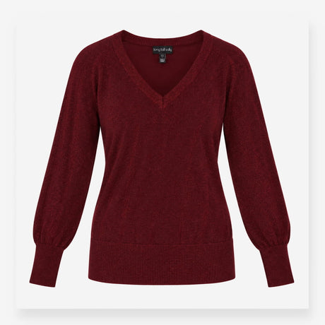 V Neck Metallic Shimmer Knit Jumper Berry Burgundy