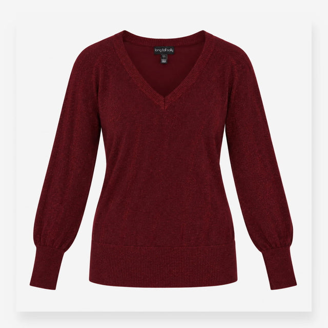 V Neck Metallic Shimmer Knit Jumper Berry Burgundy