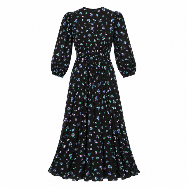 Dress Black Floral Maxi V-Neck Front Twist Long Sl