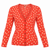 Cardigan Polka Dot Coral Red Cotton V-Neck Long Sl
