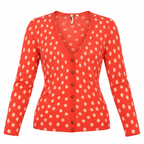 Cardigan Polka Dot Coral Red Cotton V-Neck Long Sl