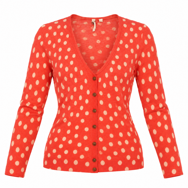Cardigan Polka Dot Coral Red Cotton V-Neck Long Sl
