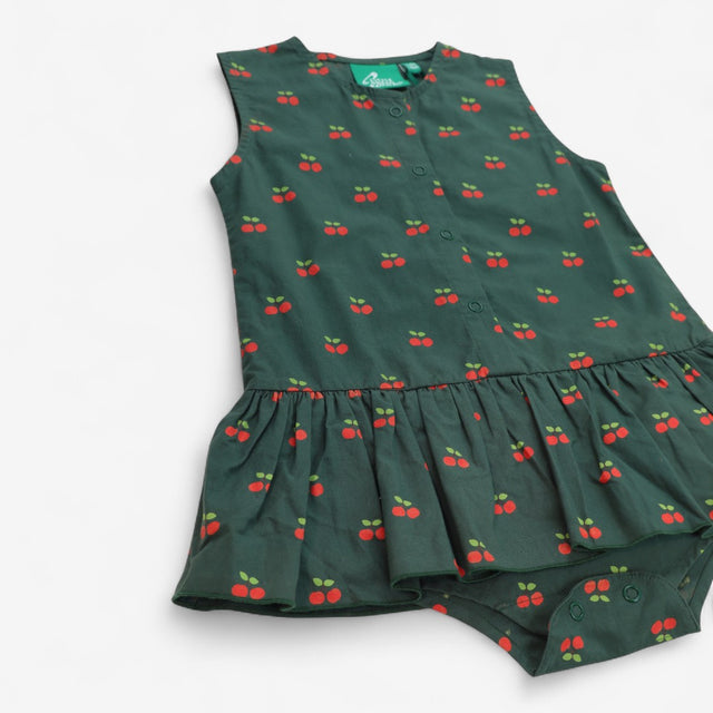 Olive Cherries Button Ruffle Romper