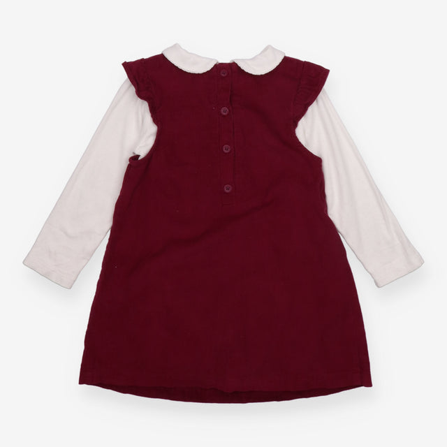 Outfit pinafore cord red embroidered flowers and w