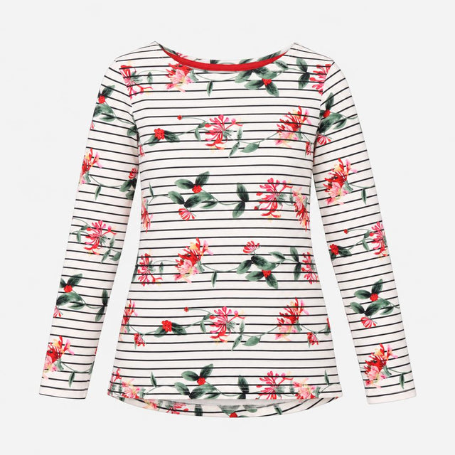 Top Long Sleeve Striped Floral Cream Black