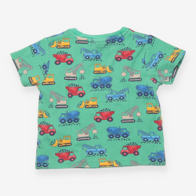 T-shirt green construction vehicles blue striped p