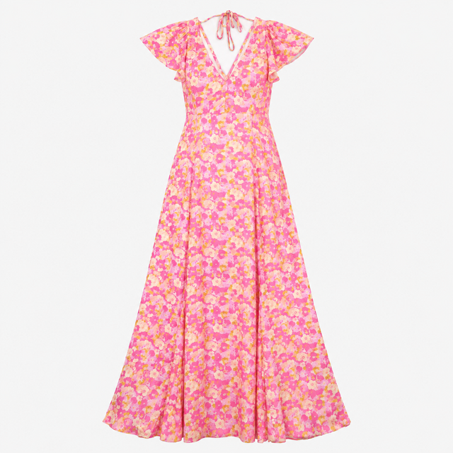 Pink Floral Flutter Sleeve Maxi Dress