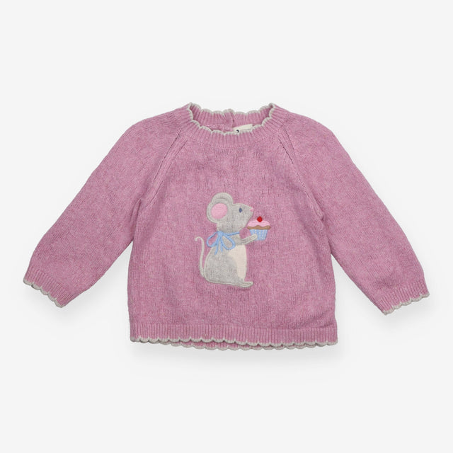 Pink knit jumper with mouse and scallop edging