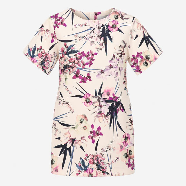Ivory Mix Purple Orchid Floral Short Sleeve Stretc