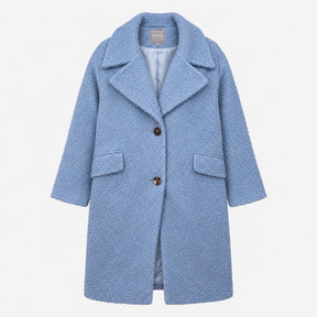 Boucle coat pale blue textured longline button fro