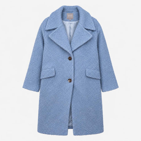 Boucle coat pale blue textured longline button fro