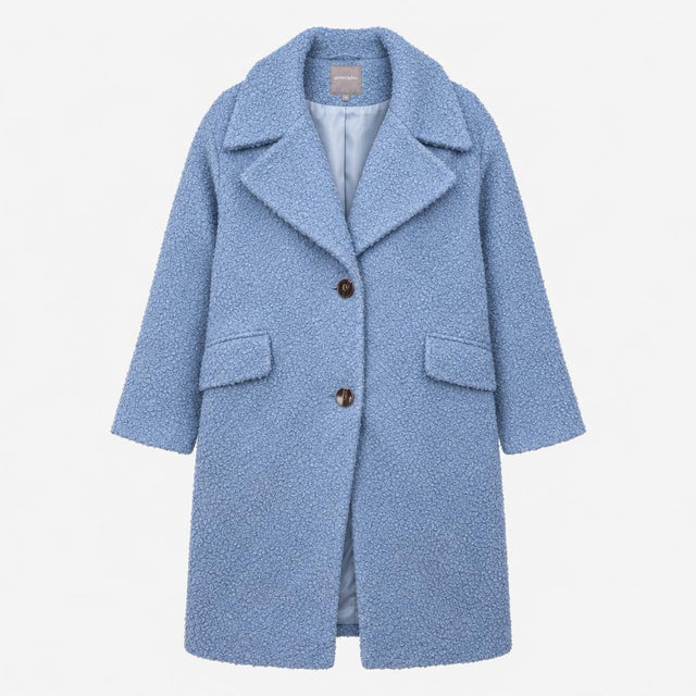 Boucle coat pale blue textured longline button fro