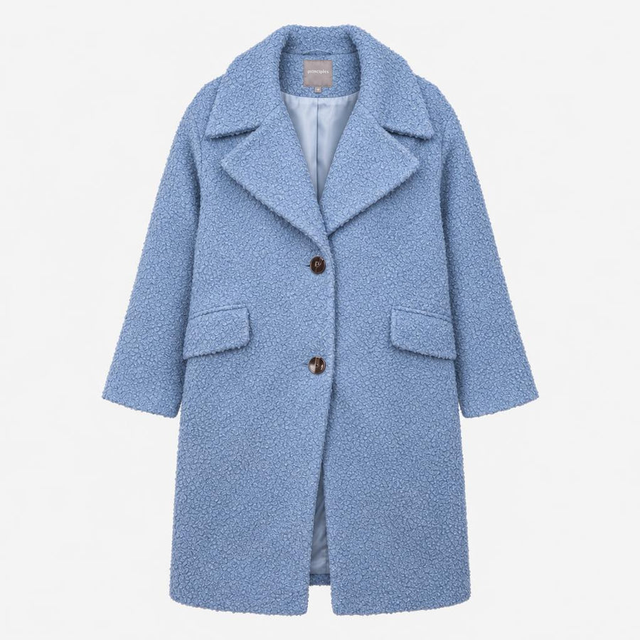 Boucle coat pale blue textured longline button fro