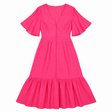 Dress Bright Pink Midi V-Neck Angel Sleeve Button 