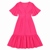 Dress Bright Pink Midi V-Neck Angel Sleeve Button 