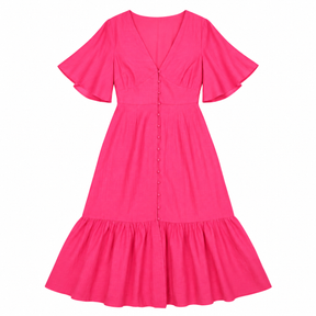 Dress Bright Pink Midi V-Neck Angel Sleeve Button 