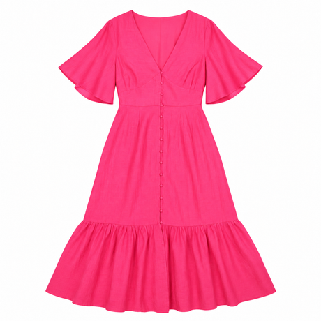 Dress Bright Pink Midi V-Neck Angel Sleeve Button 