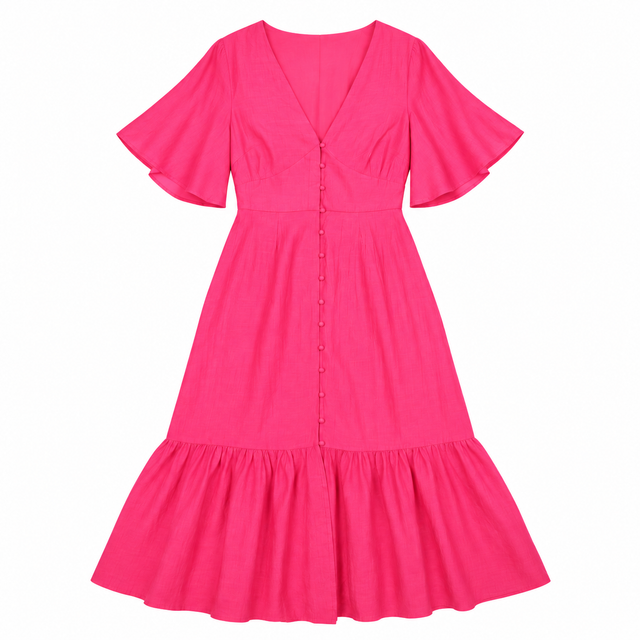 Dress Bright Pink Midi V-Neck Angel Sleeve Button 