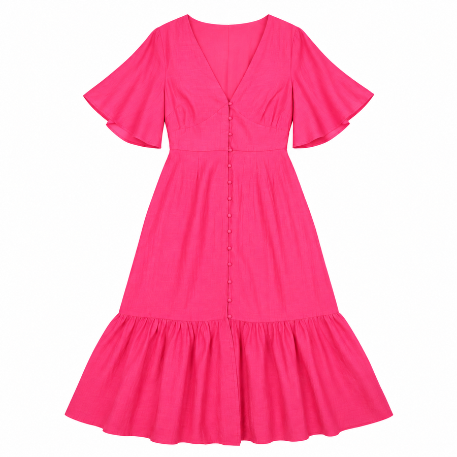 Dress Bright Pink Midi V-Neck Angel Sleeve Button 