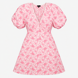 White and Pink Embroidered Floral Puff Sleeve Mini