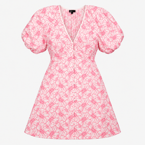 White and Pink Embroidered Floral Puff Sleeve Mini