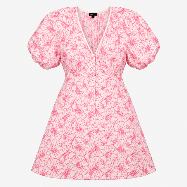 White and Pink Embroidered Floral Puff Sleeve Mini