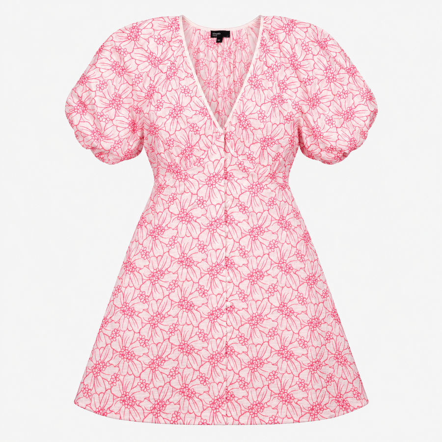 White and Pink Embroidered Floral Puff Sleeve Mini