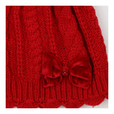 Cable Knit Beanie Red Ruby Hat with Velvet Bow