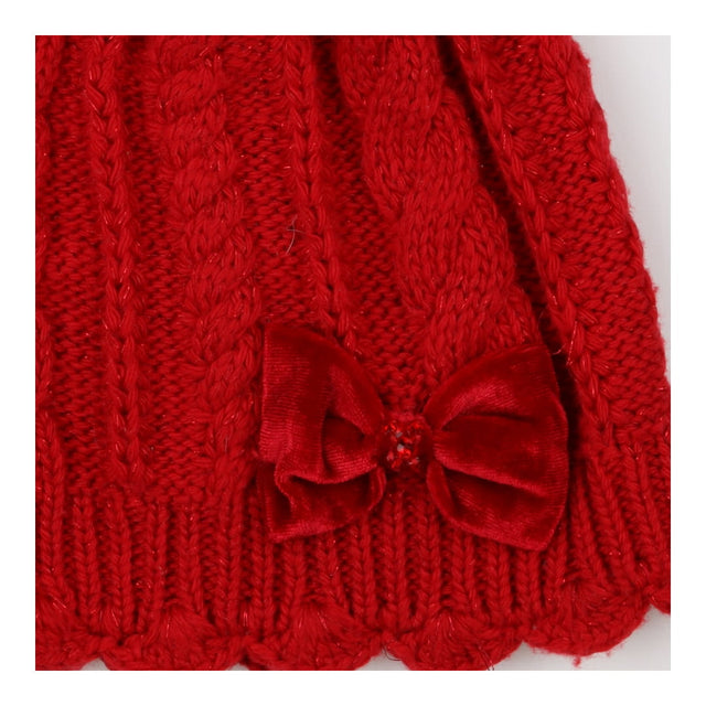 Cable Knit Beanie Red Ruby Hat with Velvet Bow