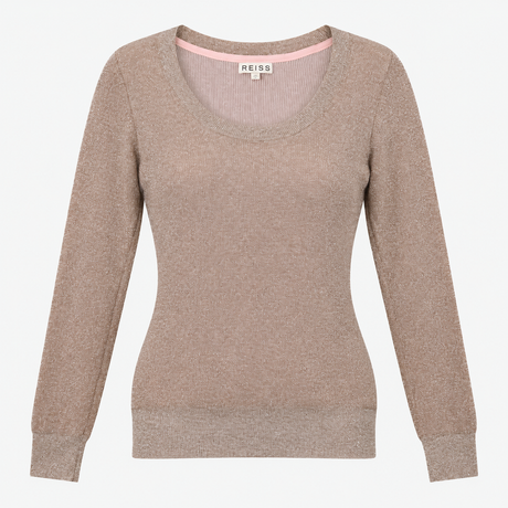 Metallic Scoop Neck Fine Knit Jumper Champagne