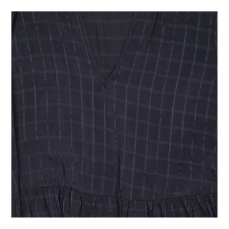 Navy Blue Shadow Check High Neck Frill V Split Tie