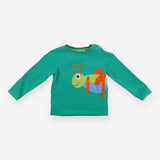 Long sleeve green t-shirt with grasshopper