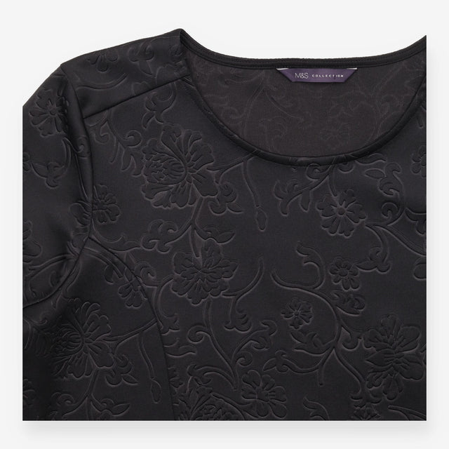 Black Embossed 3D Floral Textured Stretch Short Sl