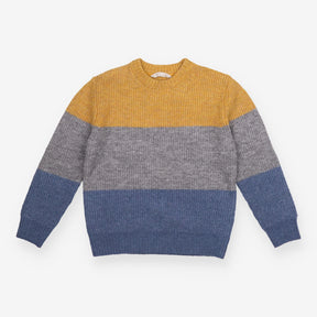 Sweater knit block stripes blue yellow grey