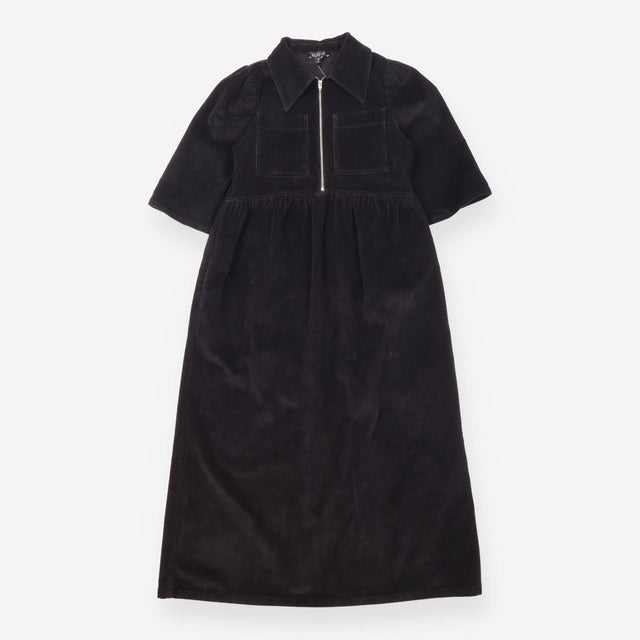 Black Corduroy Zip Front Midi Dress