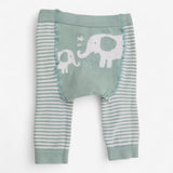 Knitted leggings green white stripe elephants