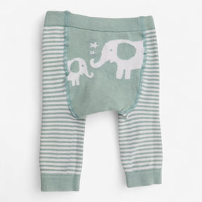 Knitted leggings green white stripe elephants